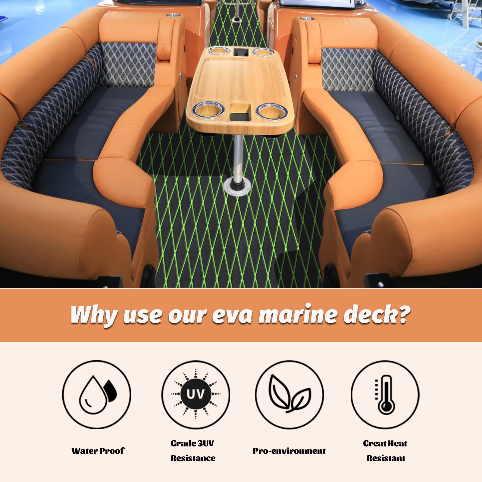 Engraved Large Diamond EVA Foam Sheet – Black & Green Boat Flooring - Hxbyx